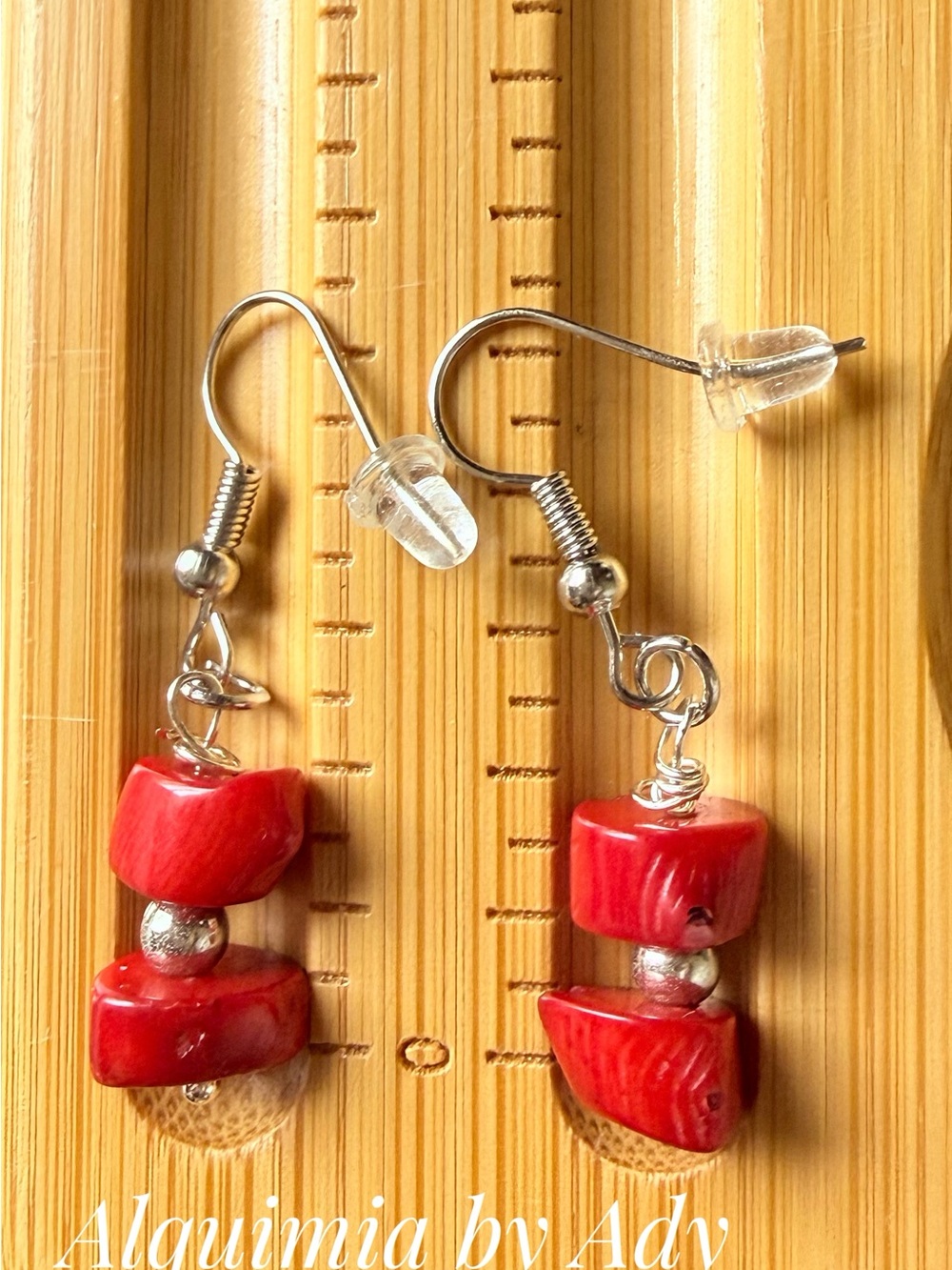 BOHO + Red coral and Silver Earrings - Picture 2 of 2